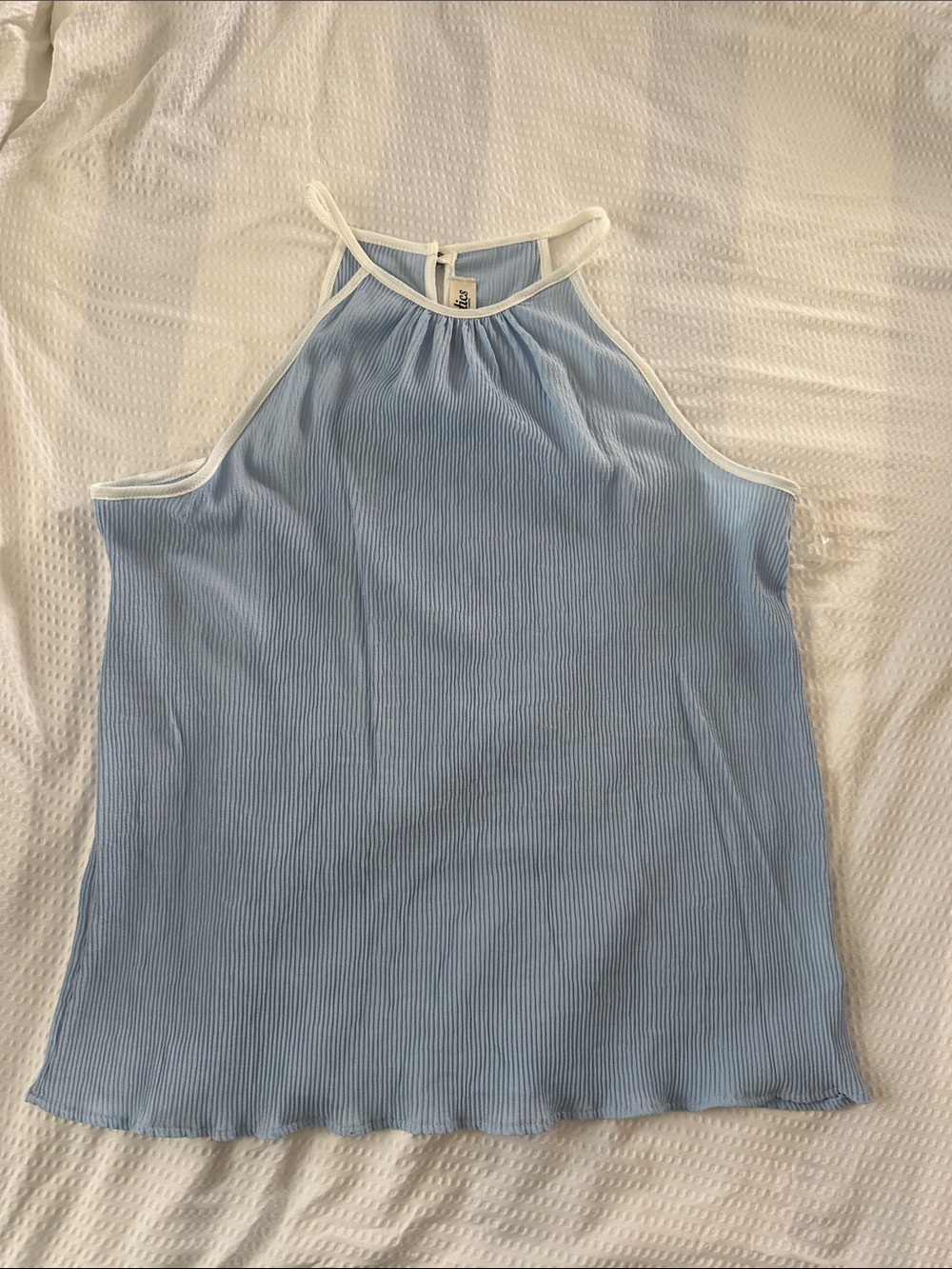 Light Blue Ribbed Halter Tank with White Trim
